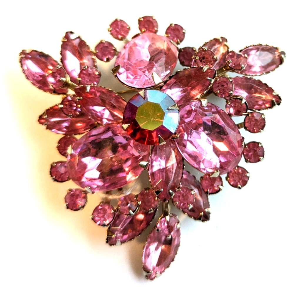 Vtg Unsigned Beaux Jewels Pink AB Layered Prong Navette Rivets  Pin Brooch